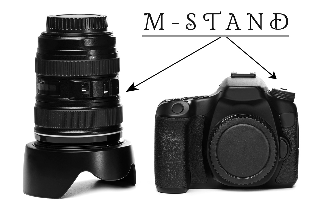 Camera en lens op een witte achtergrond met M-stand verwijzing. Artikel: Fotografie Beginner: verschillende M-standen